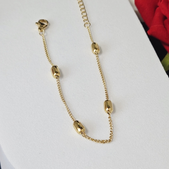 Gold Satellite Chain Bracelet Station Beaded Oval Link Adjustable Minimalist - Picture 3 of 5